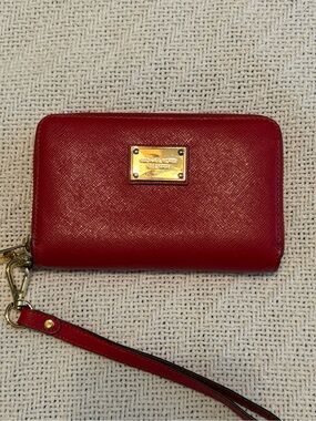 Red Michael Kors Wristlet Wallet - Designer Plate Accent